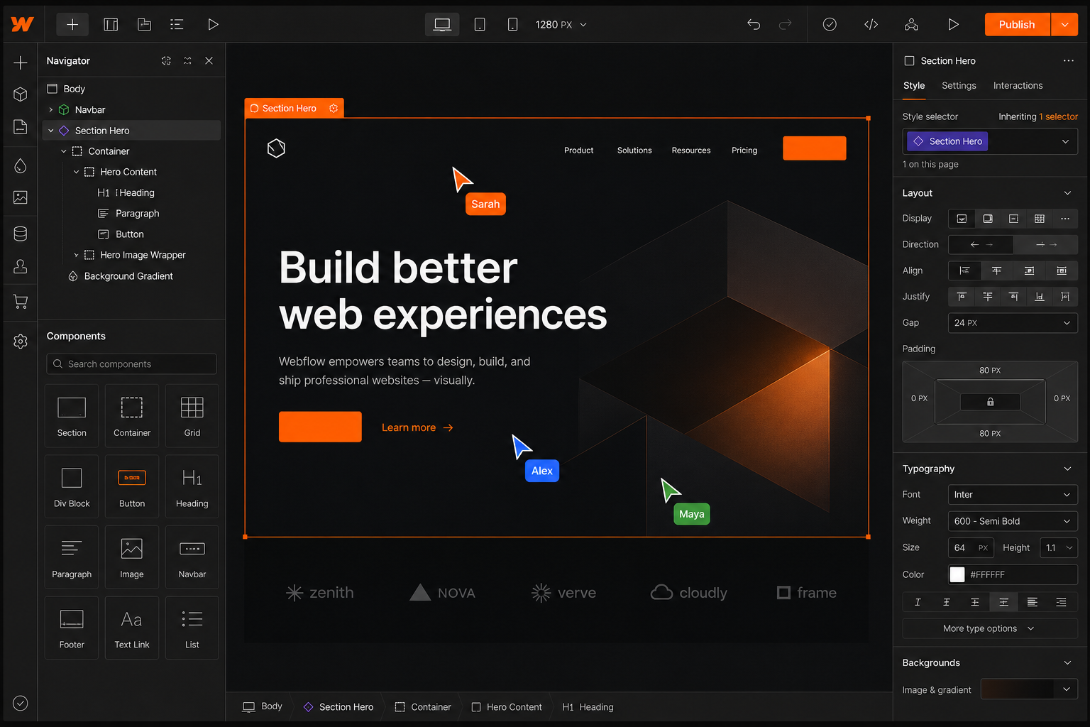 Webflow Designer canvas with three collaborators editing simultaneously — labeled cursors named Sarah, Alex and Maya hover over the same hero section.